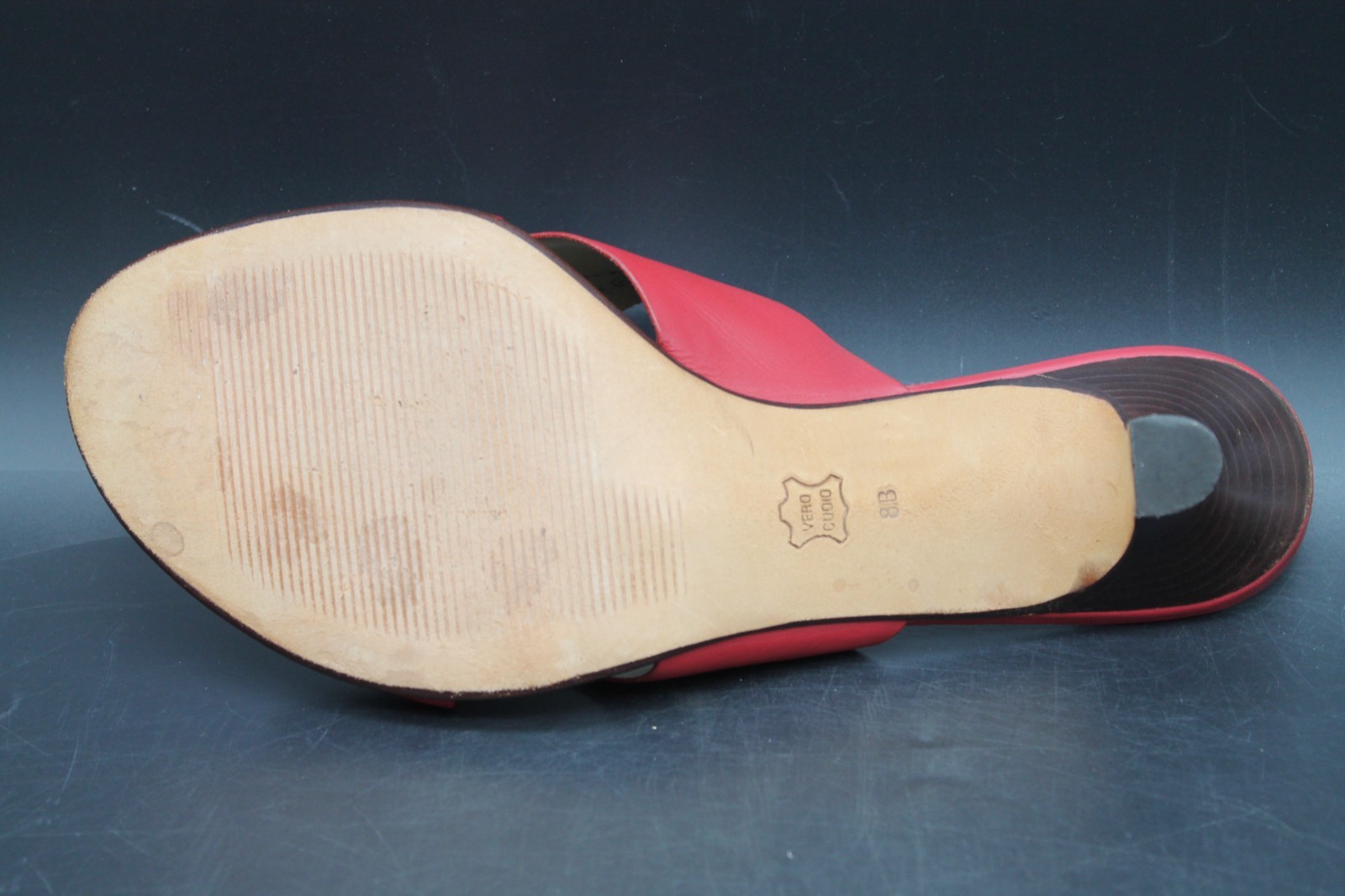 Talbots Red Leather Toe Loop Slide Kitten Sandals Women’s Size 8B Made In Brazil