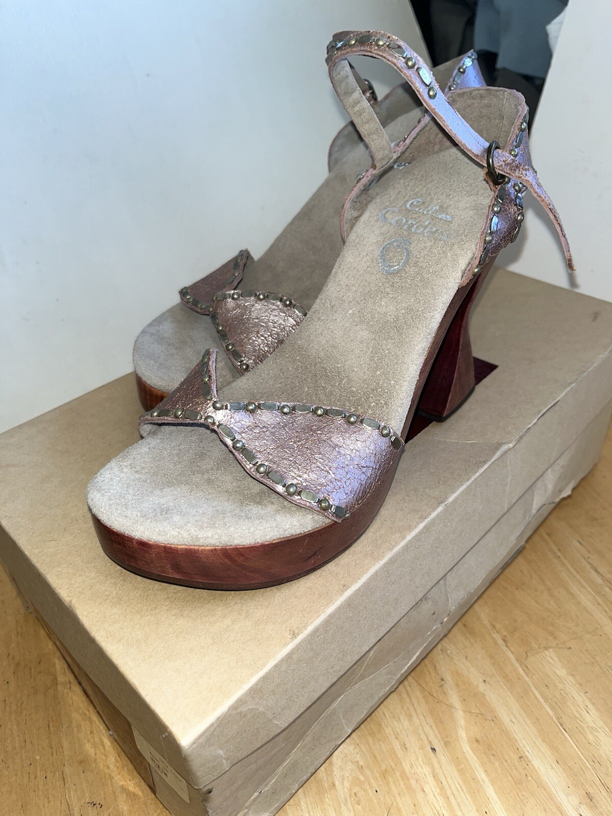 Calleen Cordero studded Kaia Metallic leather Wood Hourglass Heel Sandals Sz 5.5