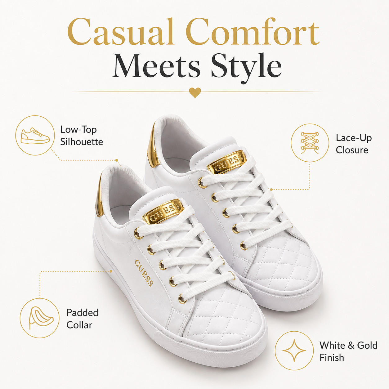 GUESS White/Gold Low Top Sneakers Lace Up Quilted Shoes Size 8 || Free Shipping