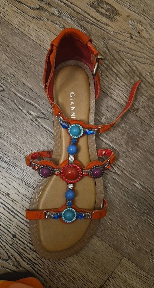 Gianni Bini Women’s 7 Leather Strappy Ankle Strap Sandals Beaded Orange