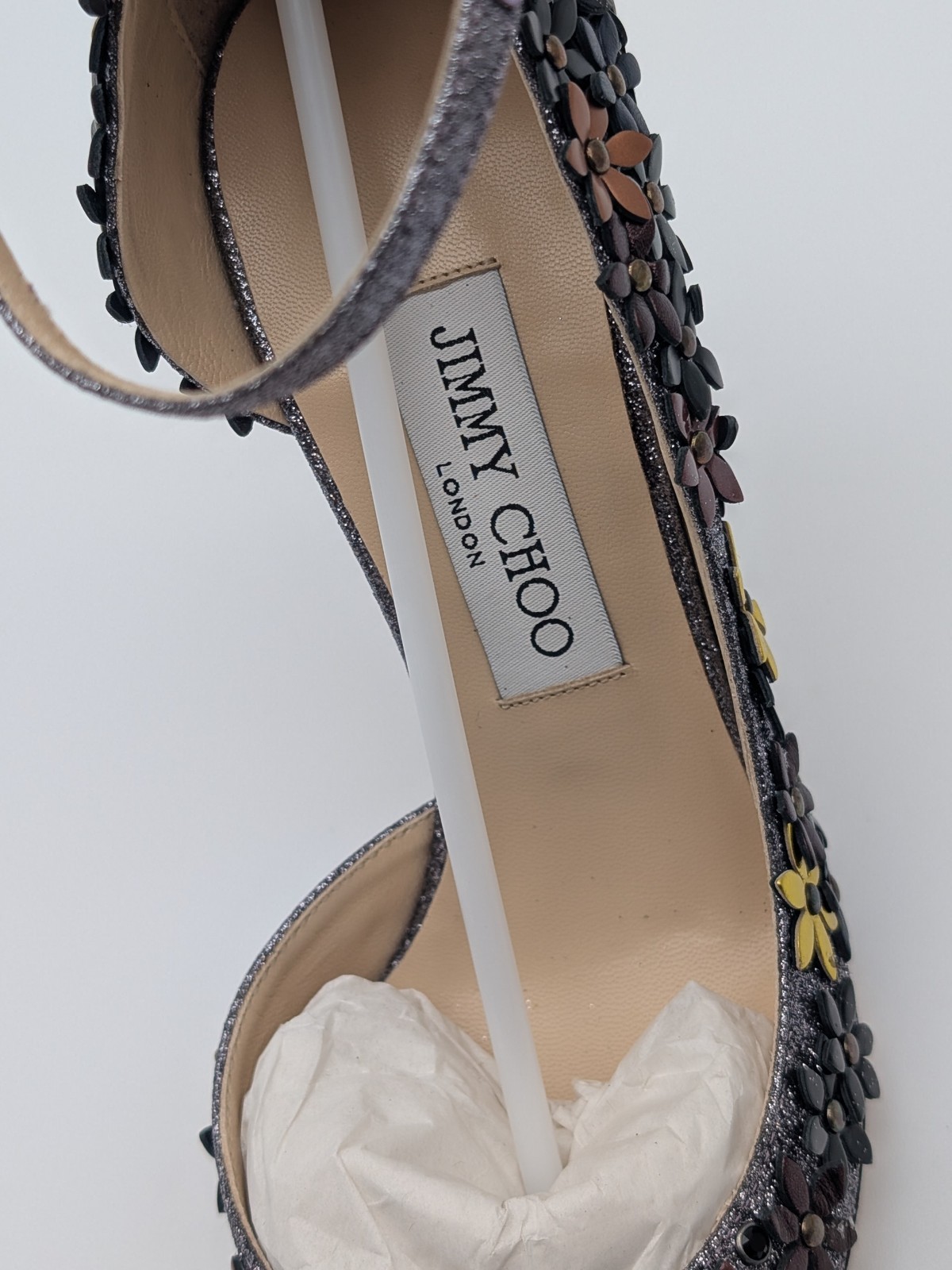 Wms Jimmy Choo Lorelai 100 FGW 155 Fine Glitter Leather Heels US 7.5 / EU 37.5