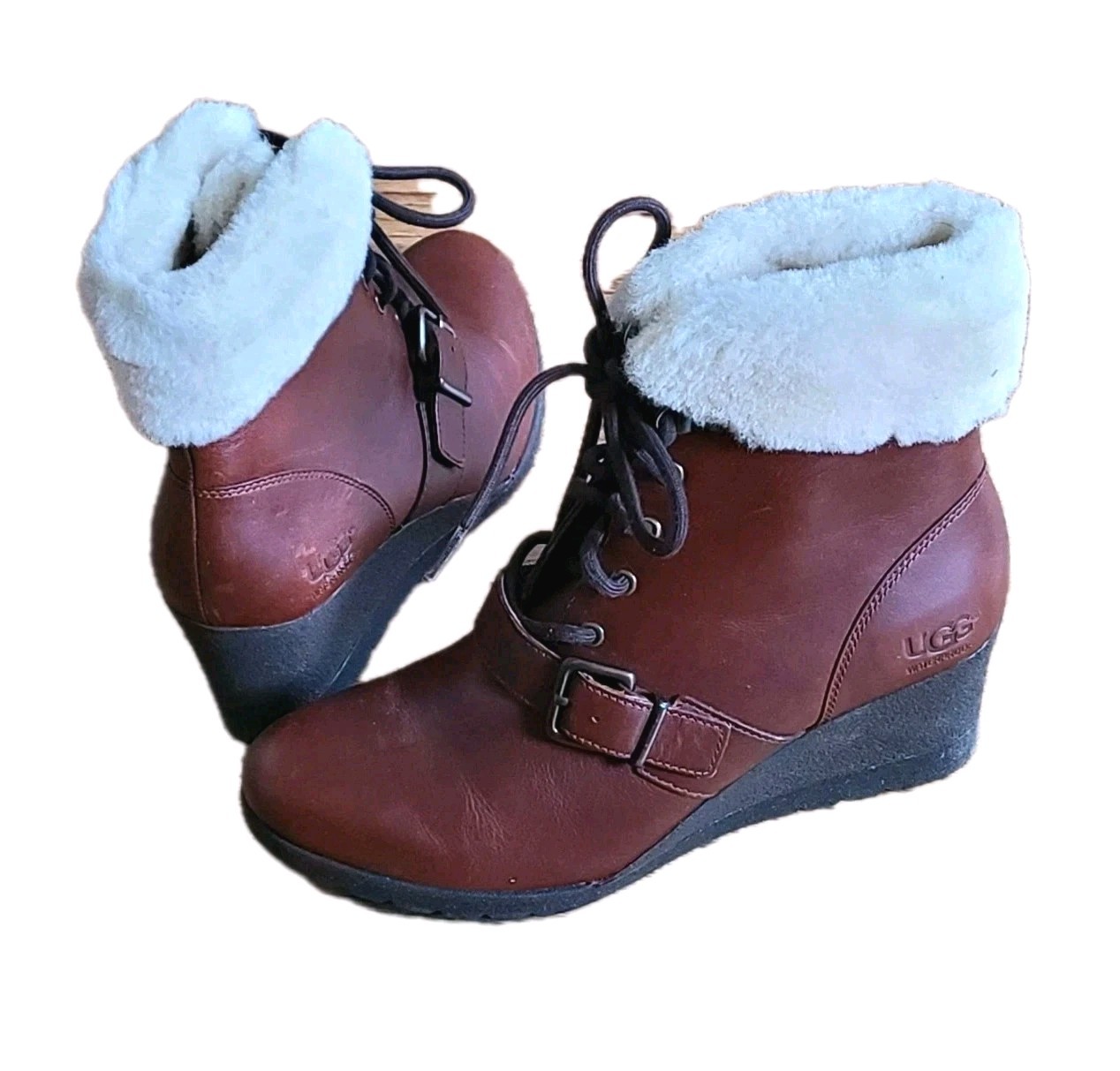 UGG Janney Brown Boots Womens 8.5 Leather & Sheepskin Lace Up Wedge Ankle Bootie