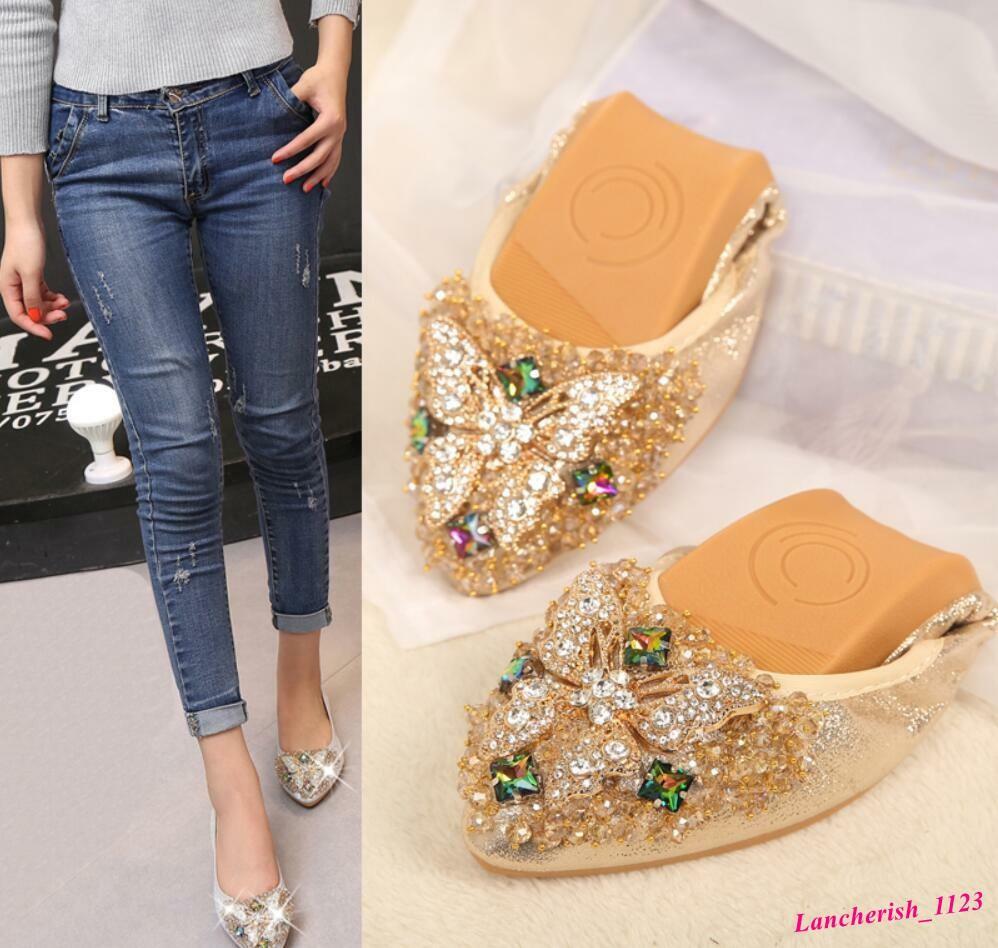 Rhinestone Butterfly Women’s Faux Leather Pointy Toe Shoes Slip On Loafers Flats