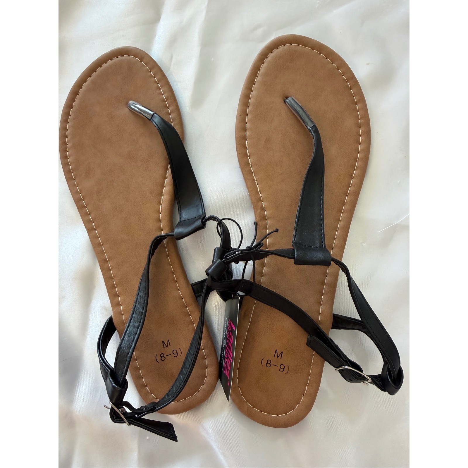 Bobbie Brooks Black Vegan Leather Thong Sandals Ankle Strap Flat Shoes M 8-9