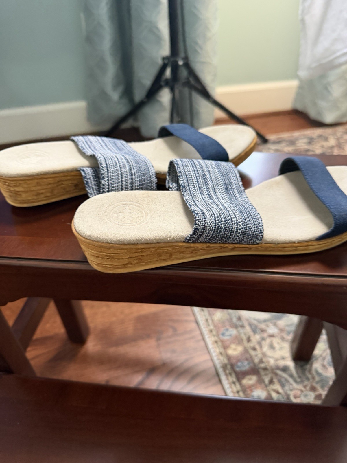 Charleston Shoe Company Cecilia Low Wedge Sandals Navy Heather Stretch Size 8