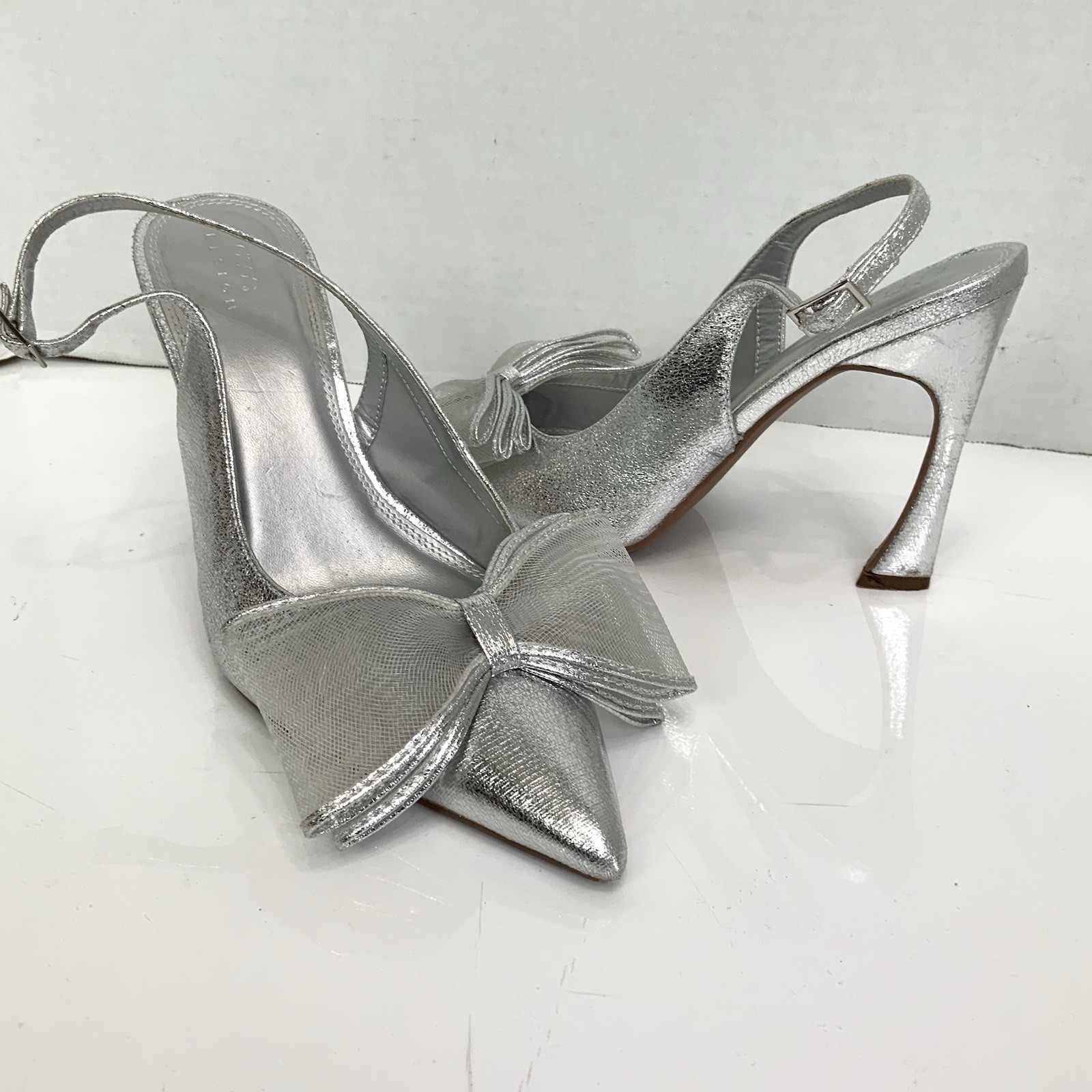 ASOS DESIGN Sz 9 Metallic Silver Princess Bow Slingback Heels Shoes Wedding