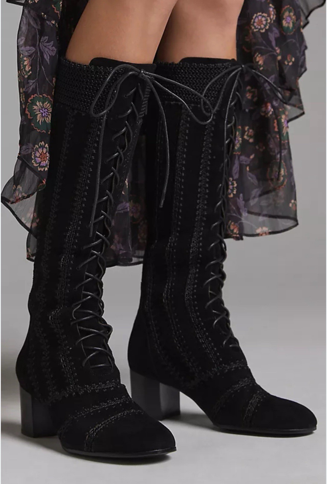 Free People Silent D Brown Suede Macrame Knee High Lace Up Boots Size 41