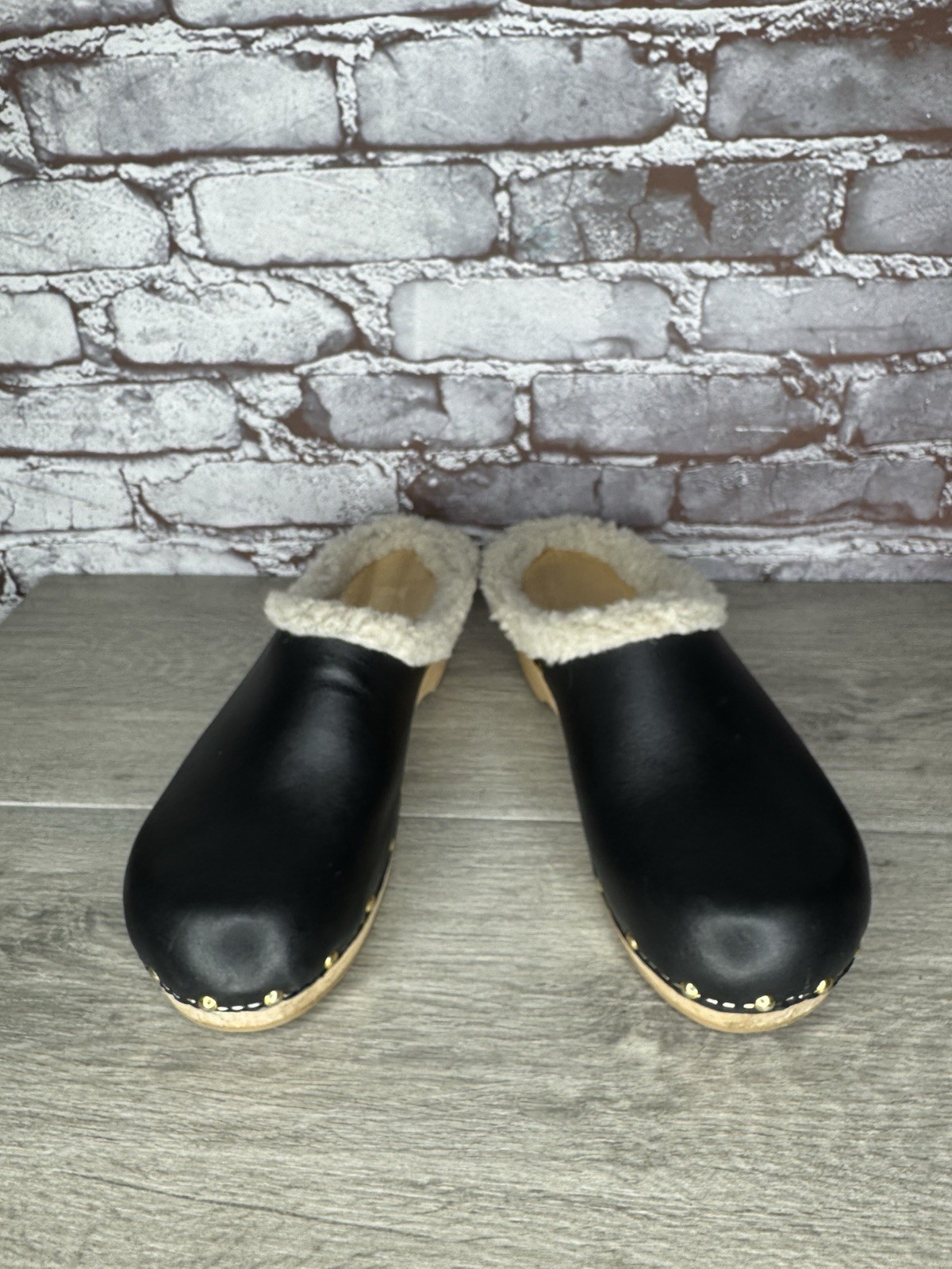 YouYou Sabot Wooden Black Leather French Clogs Slip On Fur Shoes Women 41EU/10.5