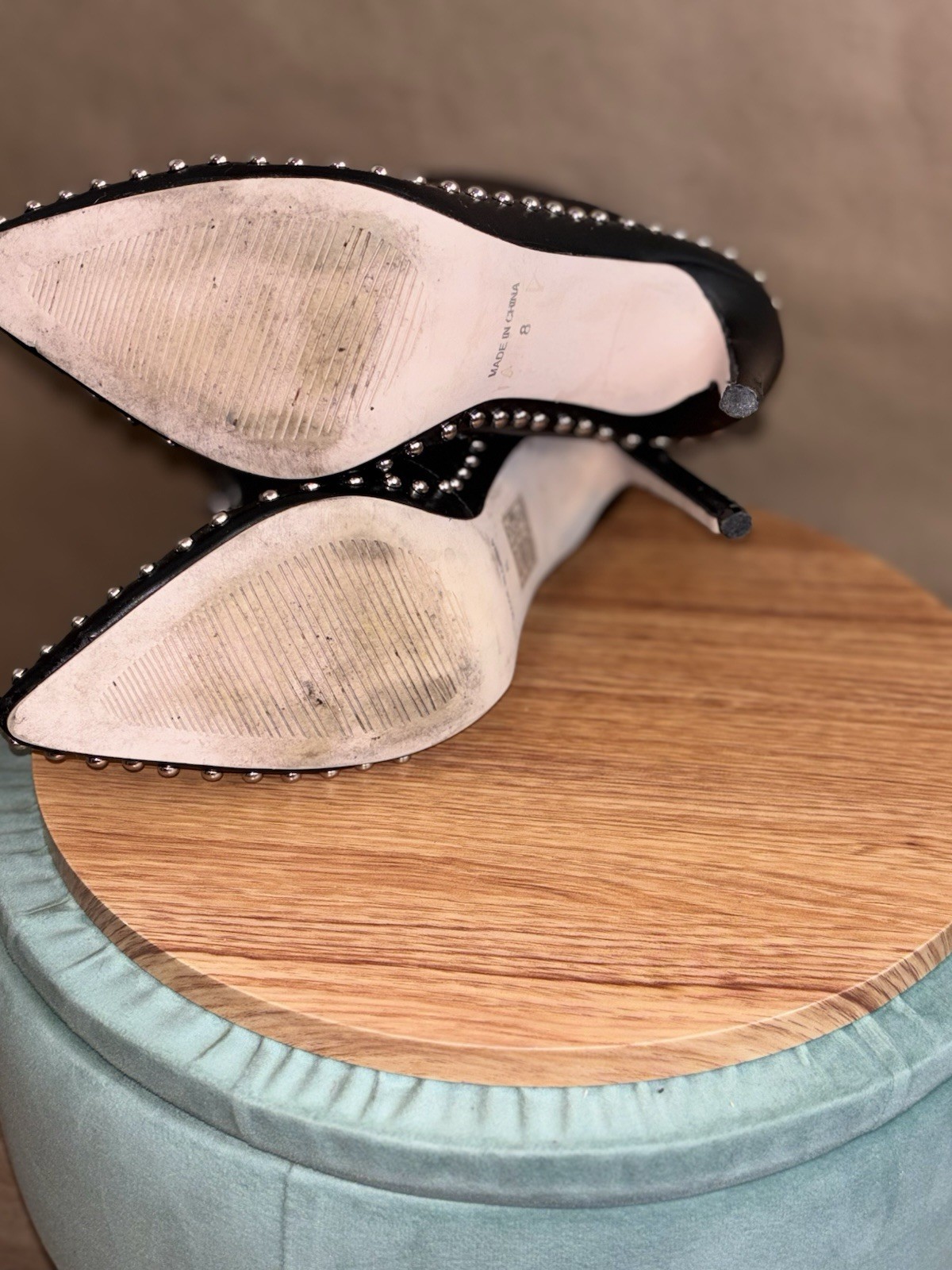 Black Studded Pointed-Toe Zip Front Stiletto Ankle Boots. Size 8