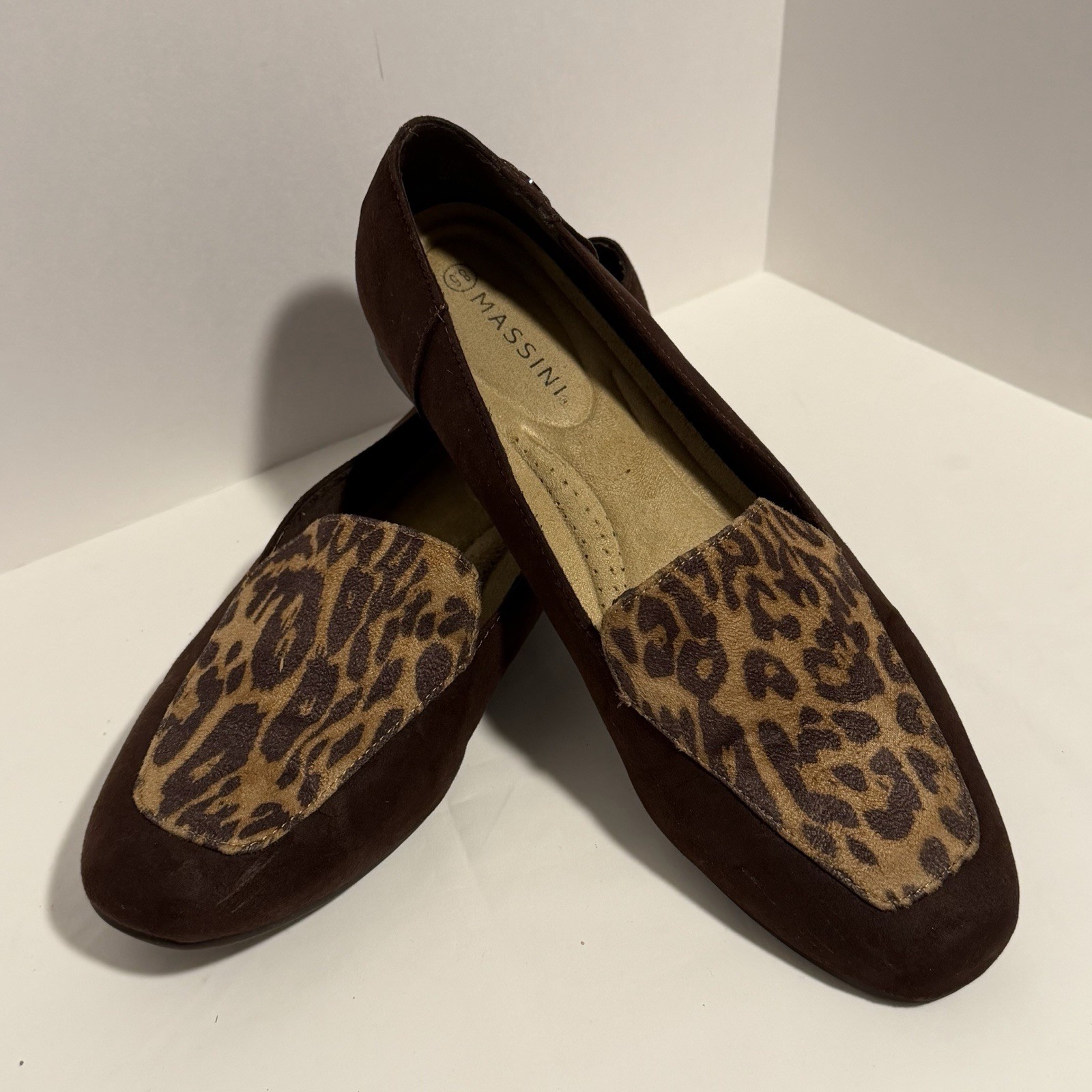 Massini Reese Leopard Print Solid Brown Suede Flats Womens 8 Chic Preppy Loafer