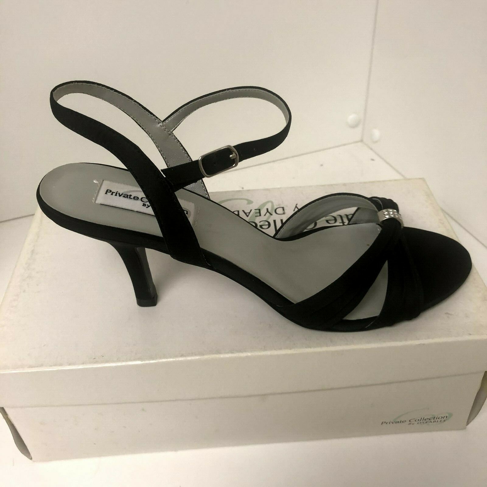 Dyeables Womens Natalie Sandal Heel Black Satin Private Collection