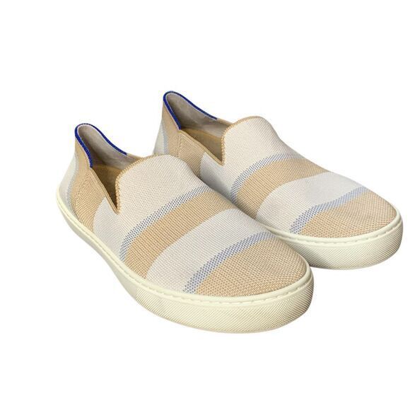 Rothy’s Birch Stripe Slip On Sneaker in tan, blue silver and white. Size 10