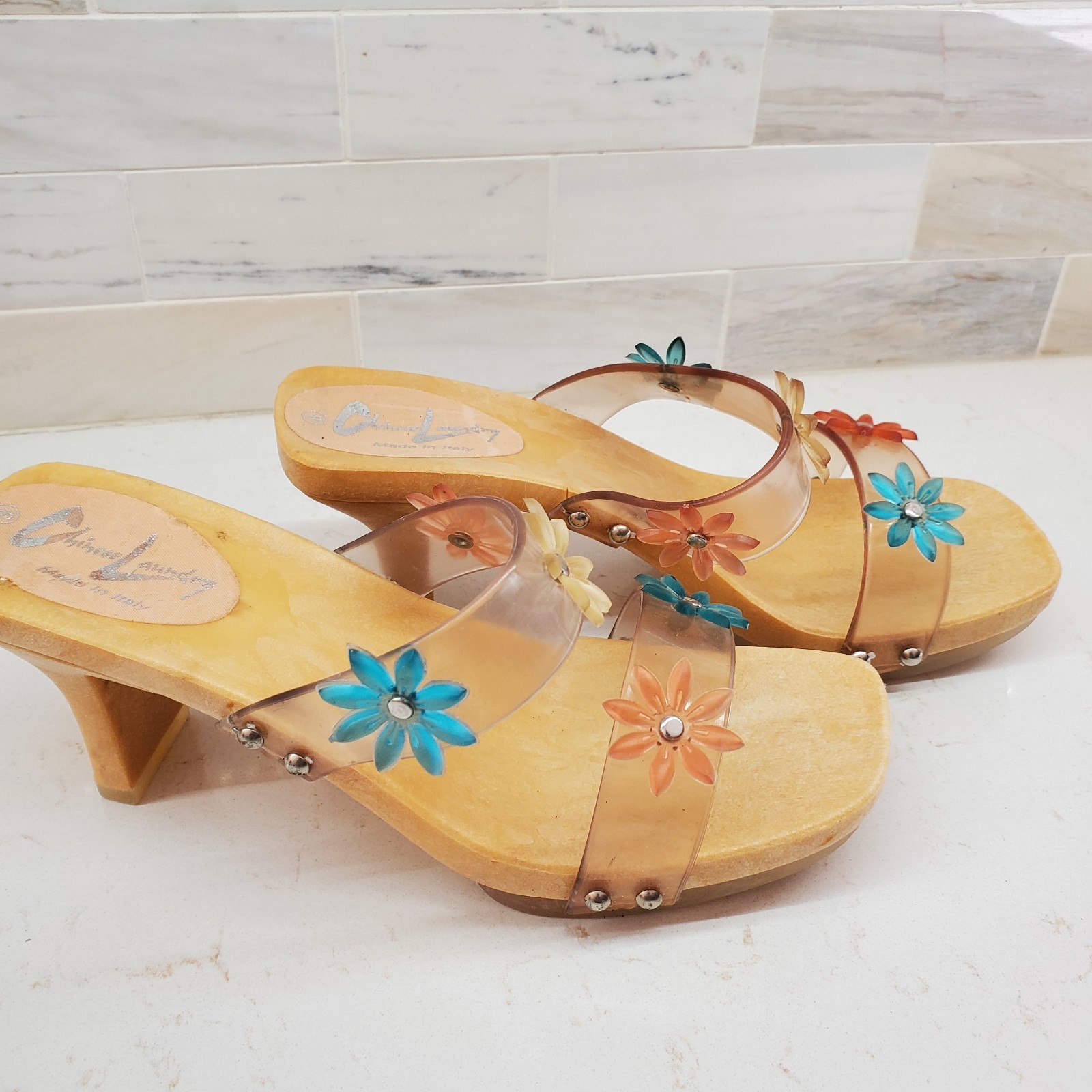 Chinese Laundry Slip-On Heels Clear Straps Jelly Flowers Rubber Platform Italian