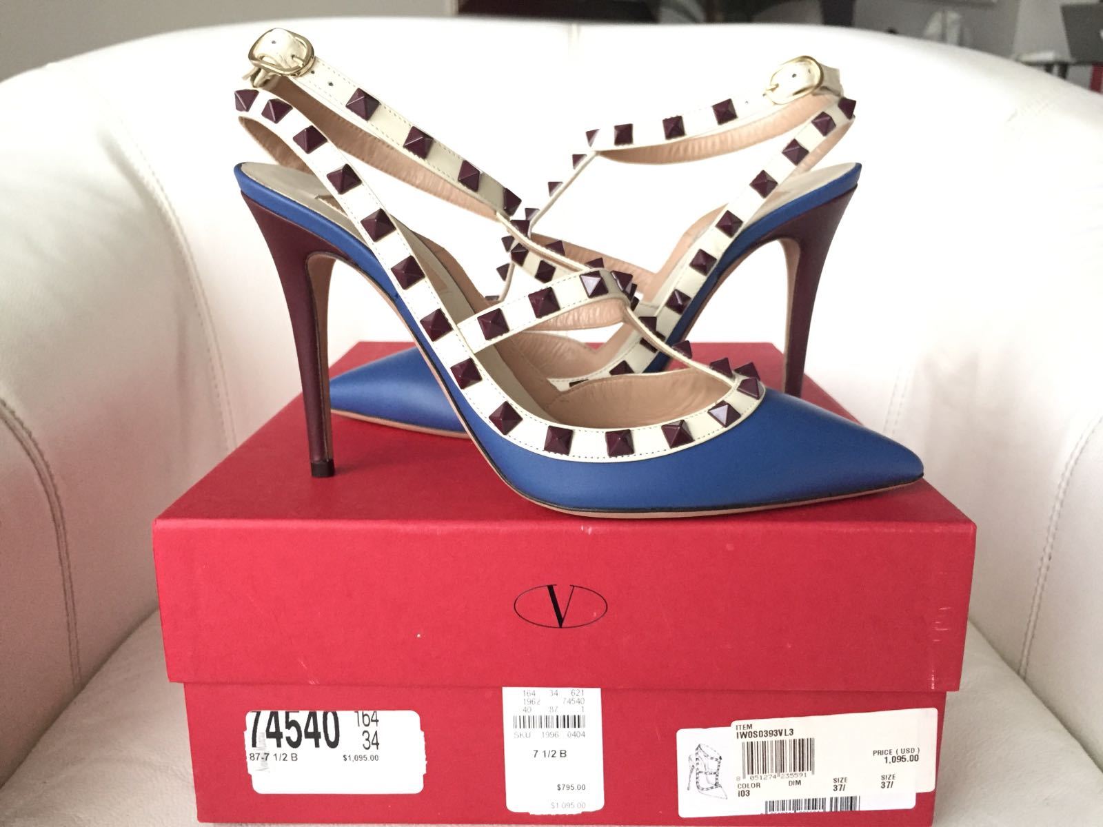 $1.1K VALENTINO ROCKSTUDS BLUE BURGUNDY WHITE HIGH HEEL SANDAL 37.5 NIB