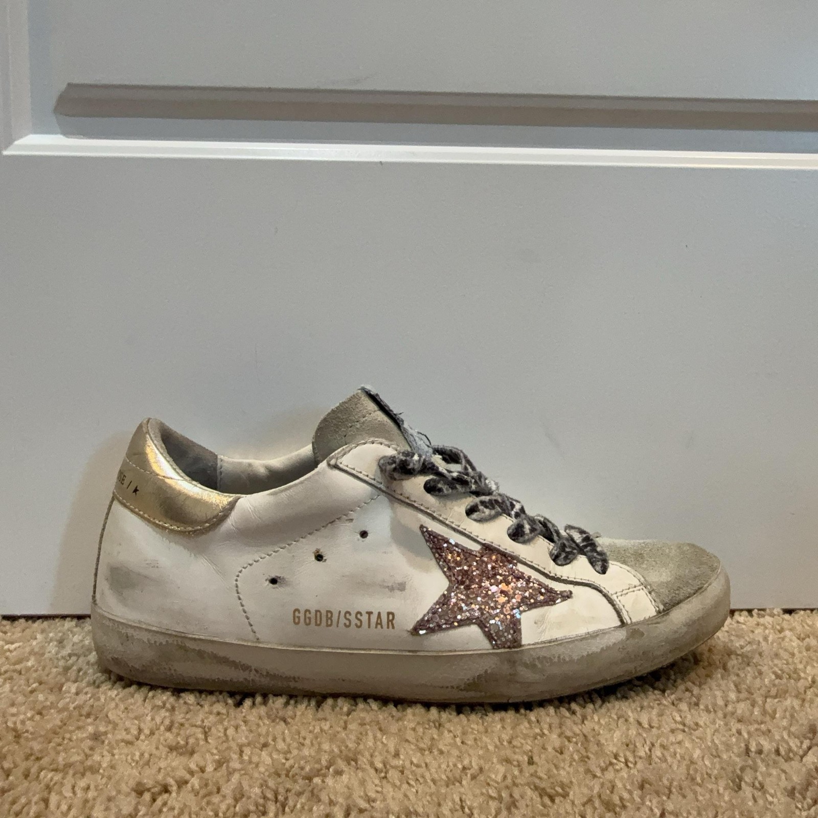 Golden Goose Super-Star Shoes Womens Size 7 White Glitter Casual Sneakers