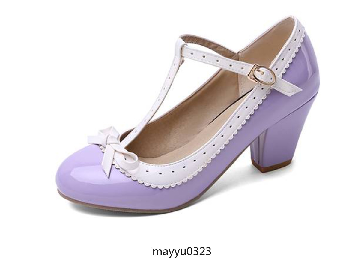 Women’s Mary Jane T-strap Bowtie Dress Lolita Mid Block Heel Pump Shoes Oversize