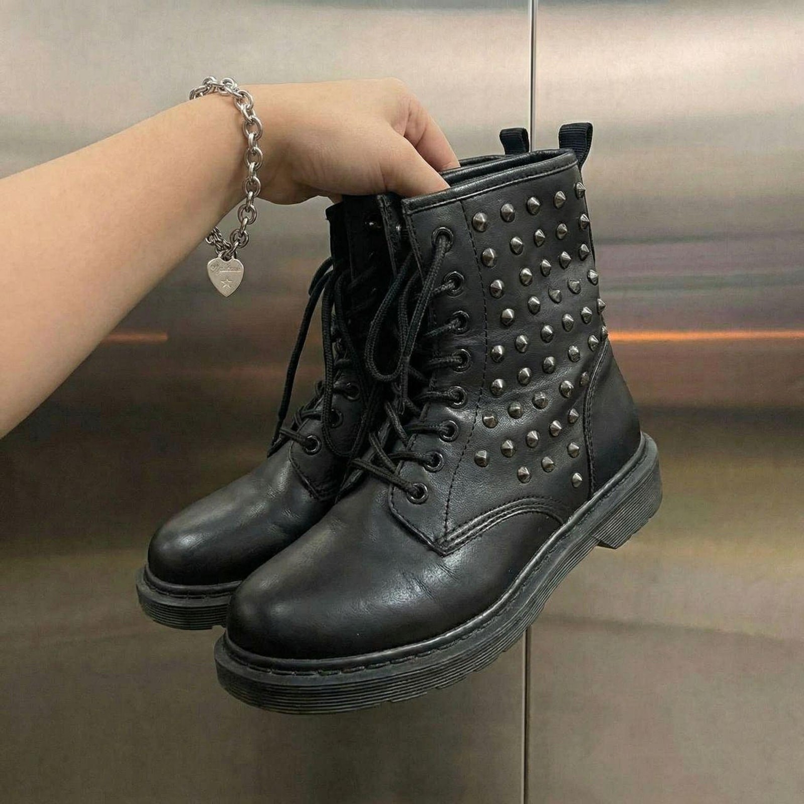Vintage Black Studded Combat Boots Rockstar Girlfriend Indie Sleaze Archive Core