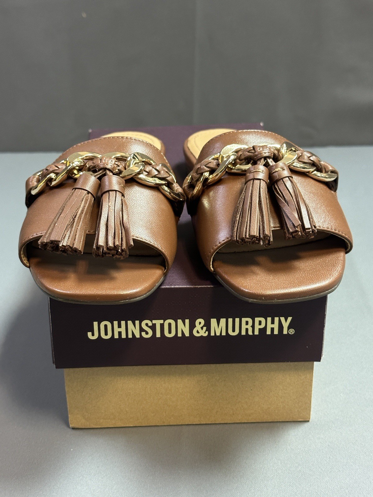 New Johnston & Murphy LILLY Chain Slide Sandals In Cognac Glove – Women’s 6.5M