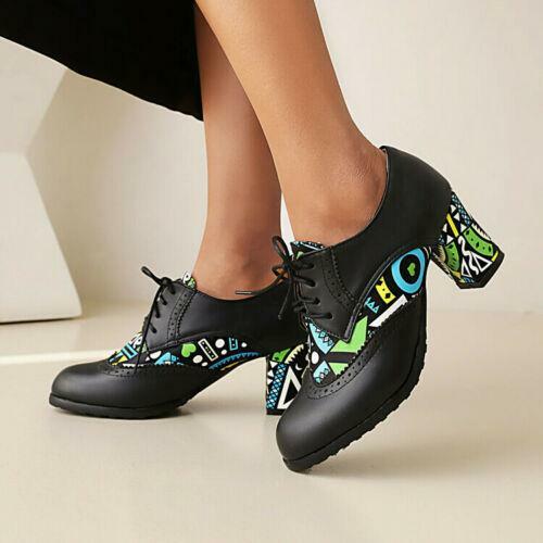 Splicing Women’s Faux Leather Block Heels Shoes Round Toe Lace Up Retro Fashion