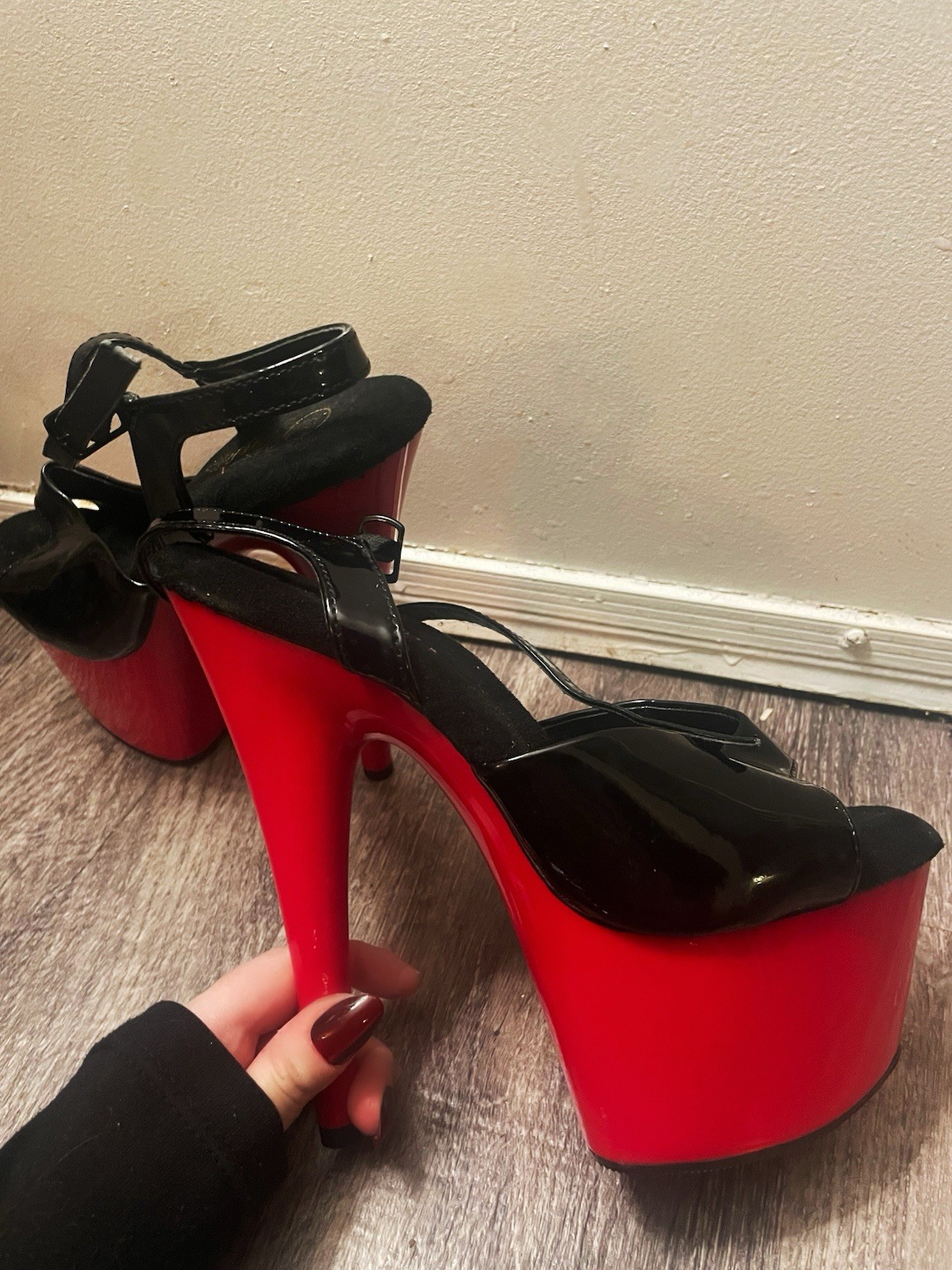 Pleaser Patent Leather Black/Red Platform Stiletto Ankle Strap Heels US 8