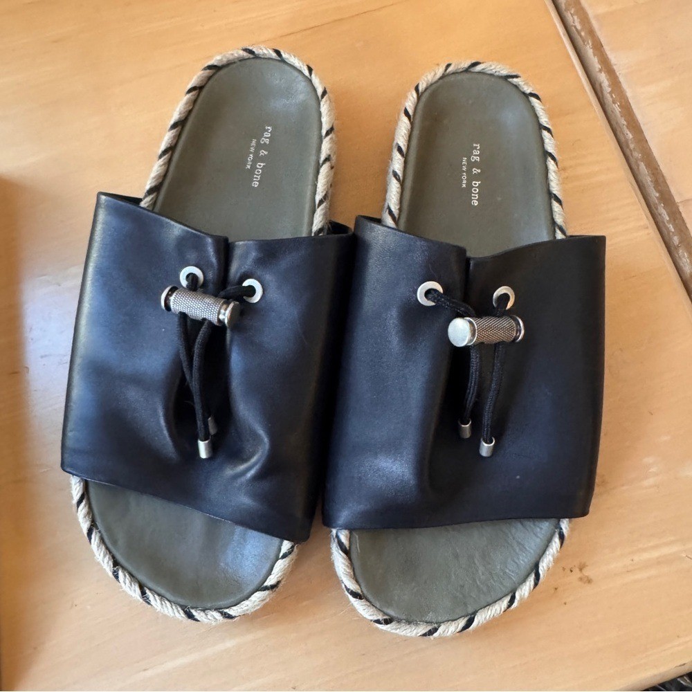 Rag & Bone Eva Espadrille Black Leather Slides Sandals 35 Tassel 5.5 Lamb Soft