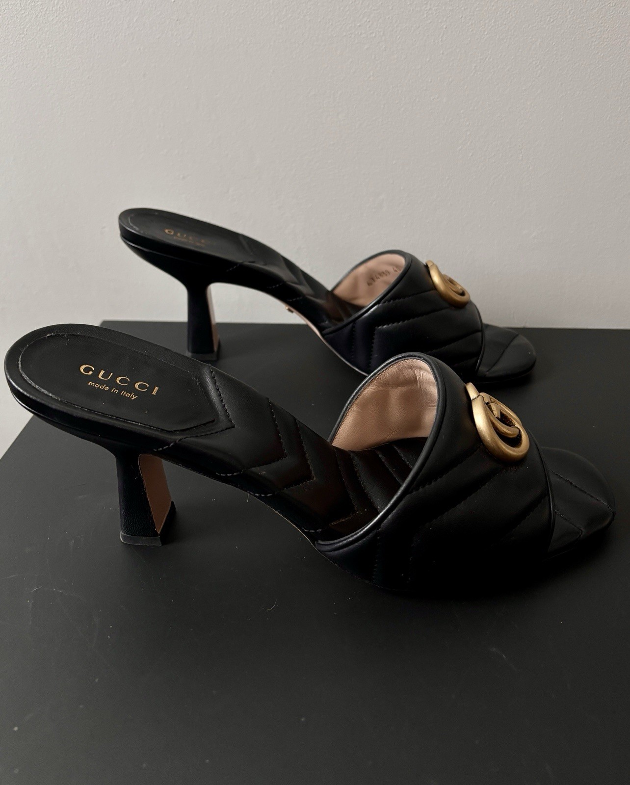 Gucci Nappa Matelasse GG Marmont Black Quilted Leather Heel Sandals Size 9