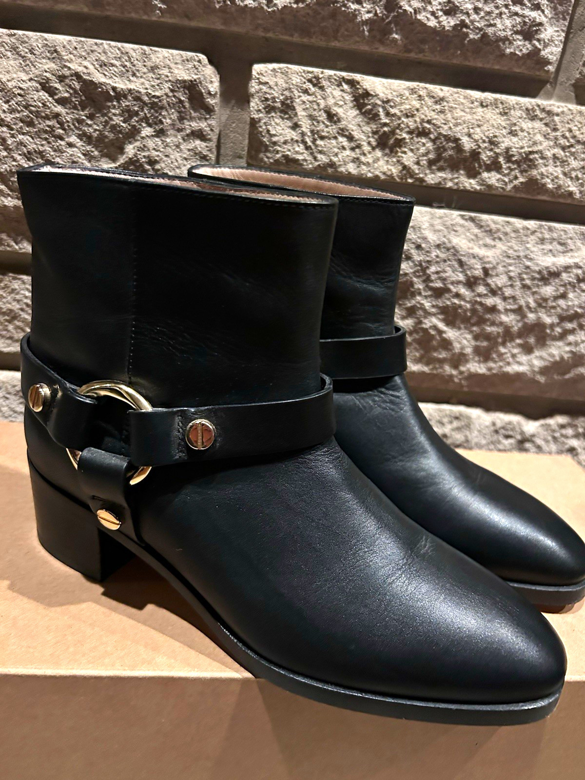 Stuart Weitzman Black Leather Harness Ankle Boots Gold Hardware Size 6.5