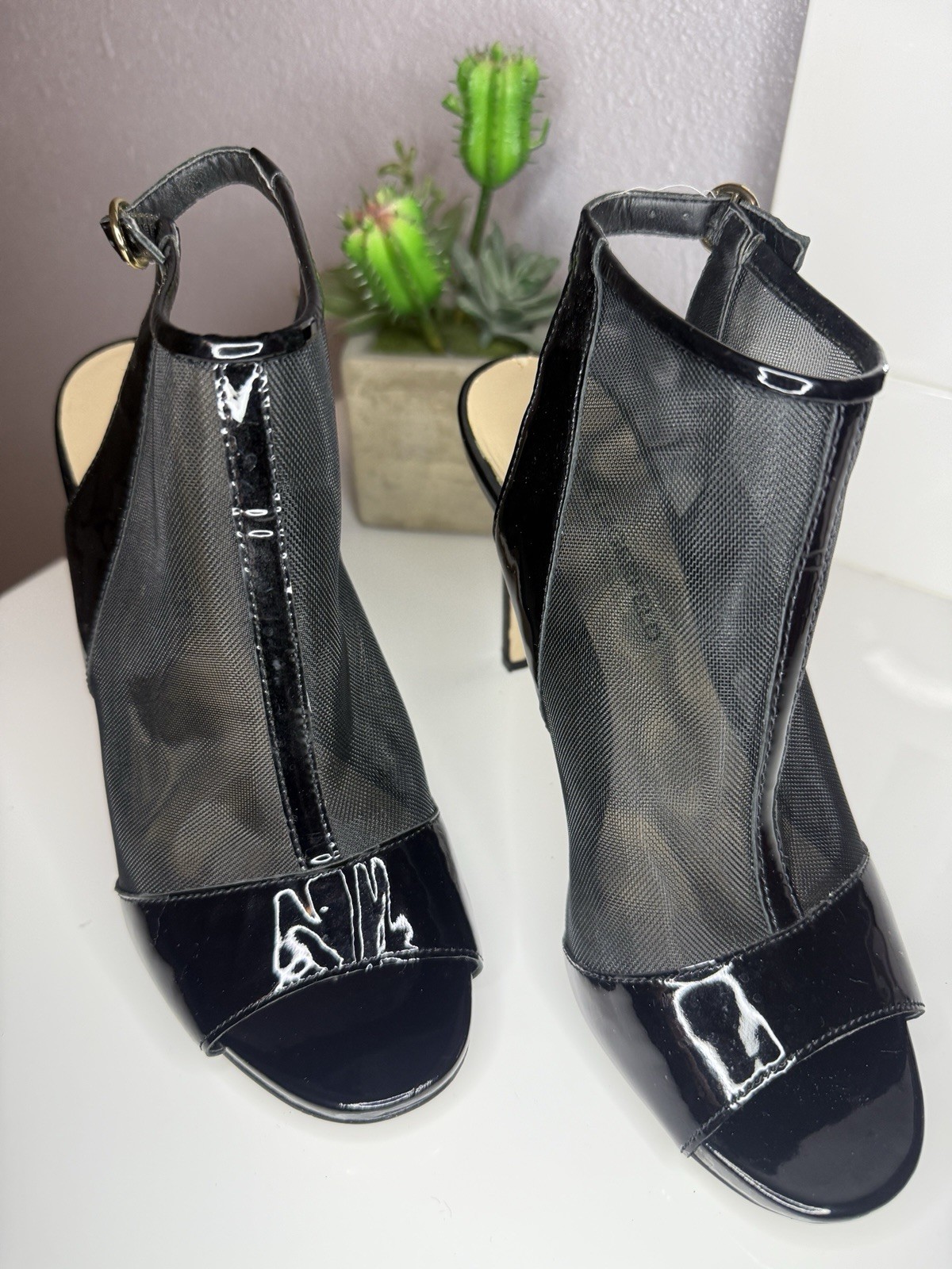 Karl Lagerfeld Black Mesh Peep-Toe Heels Women’s Size 7.5 Preowned Very Good