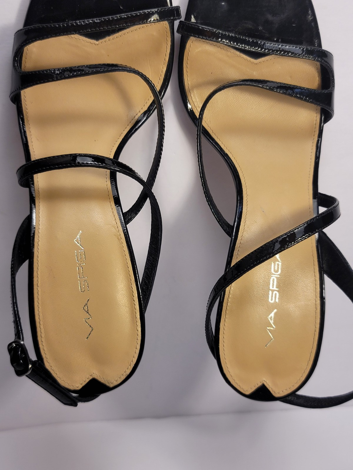 Via Spiga Black Patent Leather Strappy Slingback Sandals Heels Women’s Size 9M