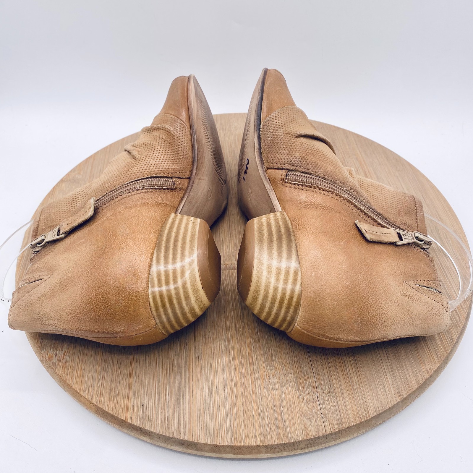 Miz Mooz Boots Womens 6.5 37 Tan Leather Ruched Ankle Booties Peep