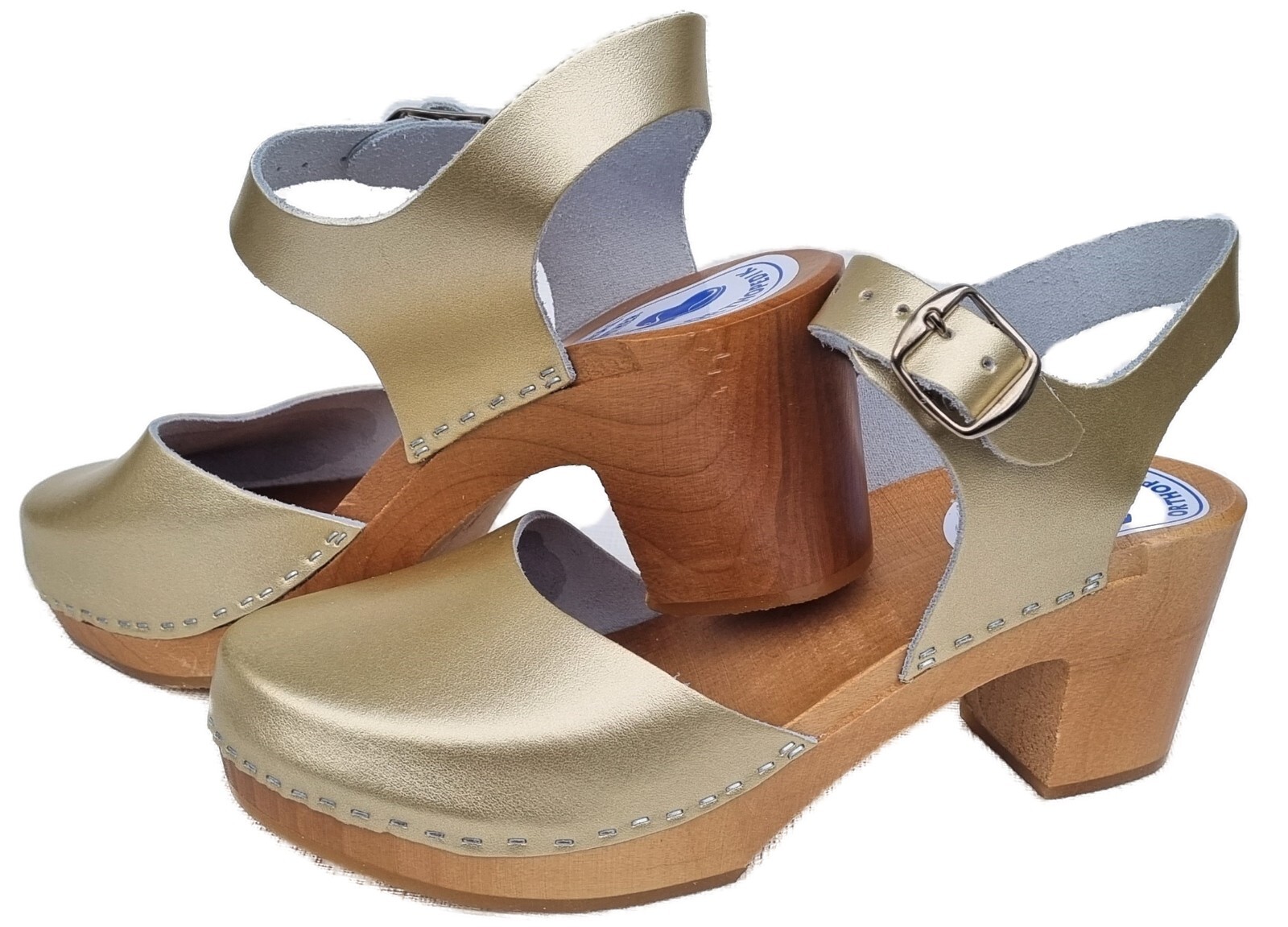 WOOD CLOGS wooden mules sandals size 38 *gold* real beef leather handmade