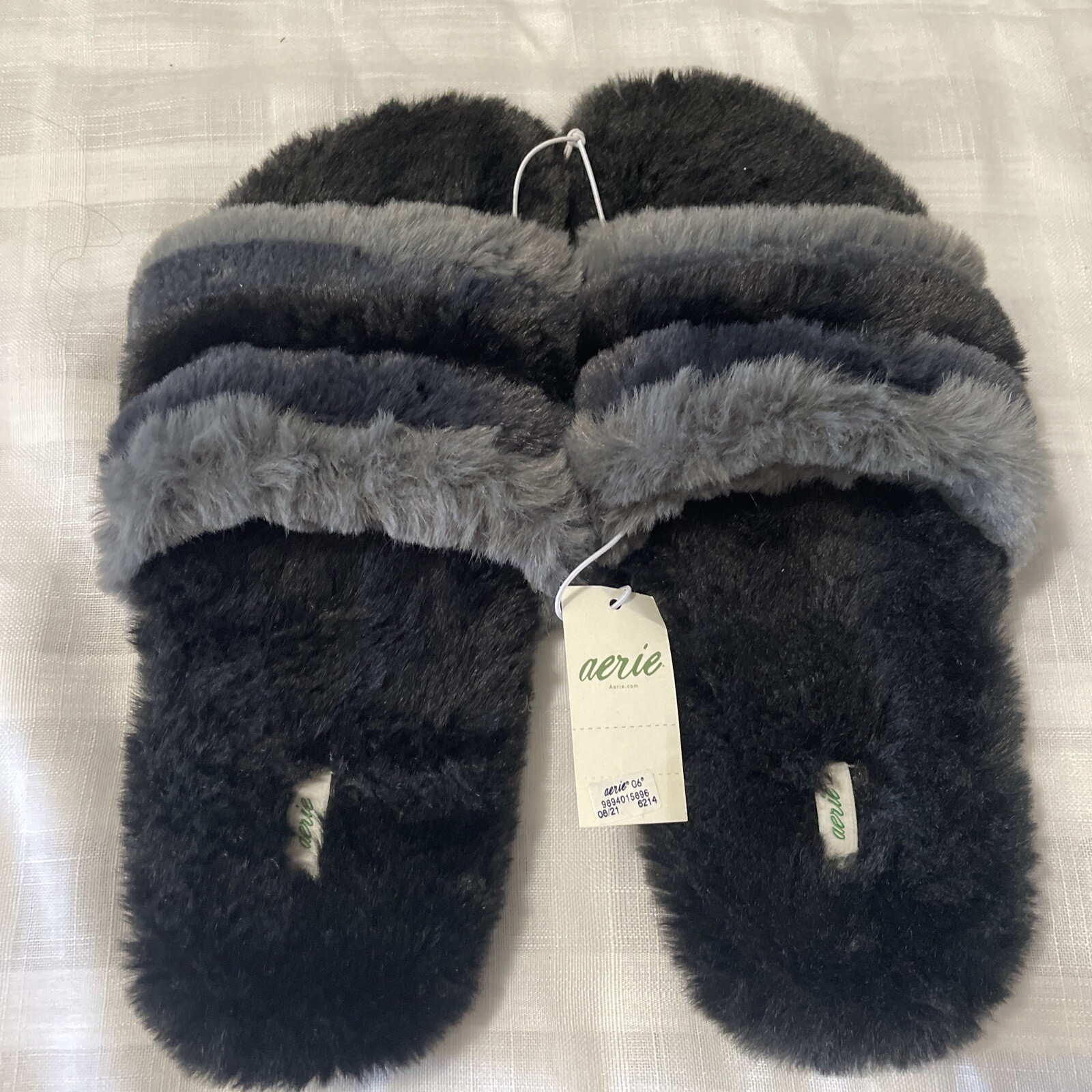 Aerie Faux Fur Slip on Sandal Black US Size 6