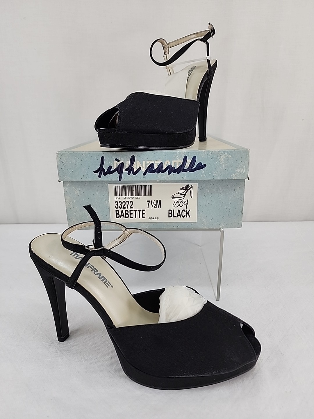 MAINFRAME Black Stiletto Heels 7.5 Shoes Ankle Strap Peep Toe 4.5″ Vintage Y2K