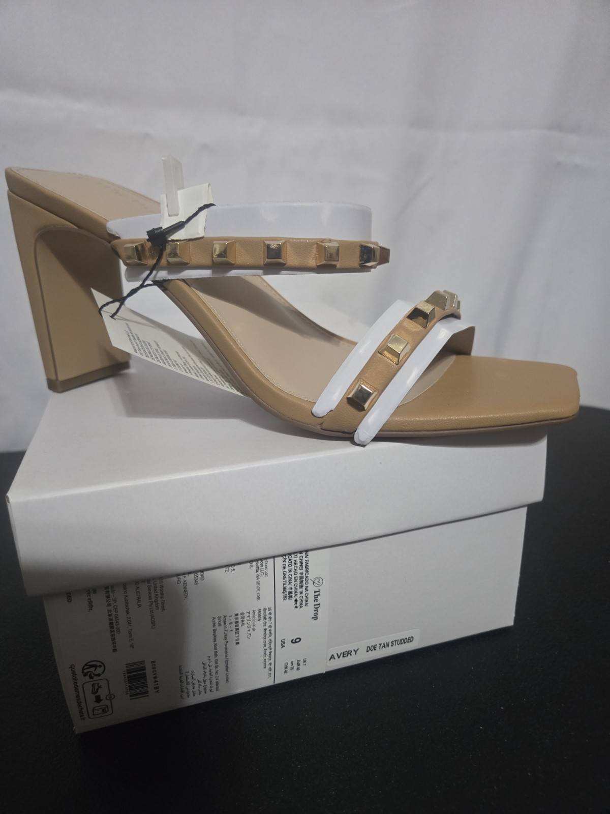 The Drop Women’s Avery Doe Tan Studded Square Toe Two Strap High Heels size 6.5
