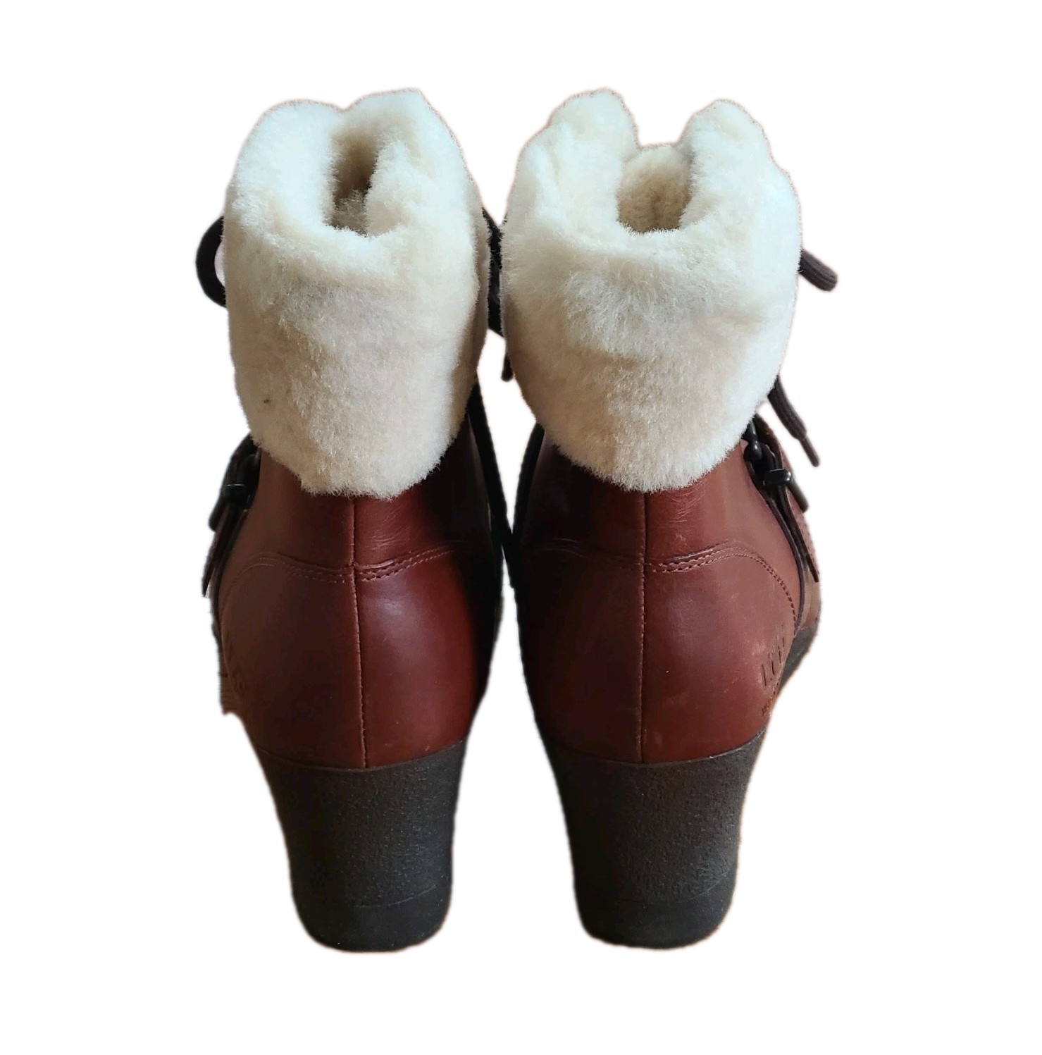 UGG Janney Brown Boots Womens 8.5 Leather & Sheepskin Lace Up Wedge Ankle Bootie