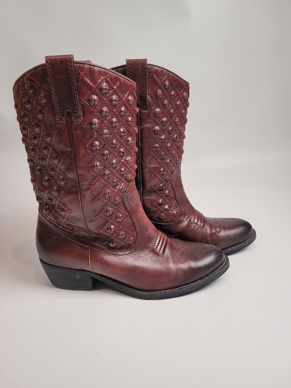 LUCKY BRAND MADONNA CORDOVAN TYE DYE MAROON RED LEATHER COWBOY HEEL BOOTS 9M