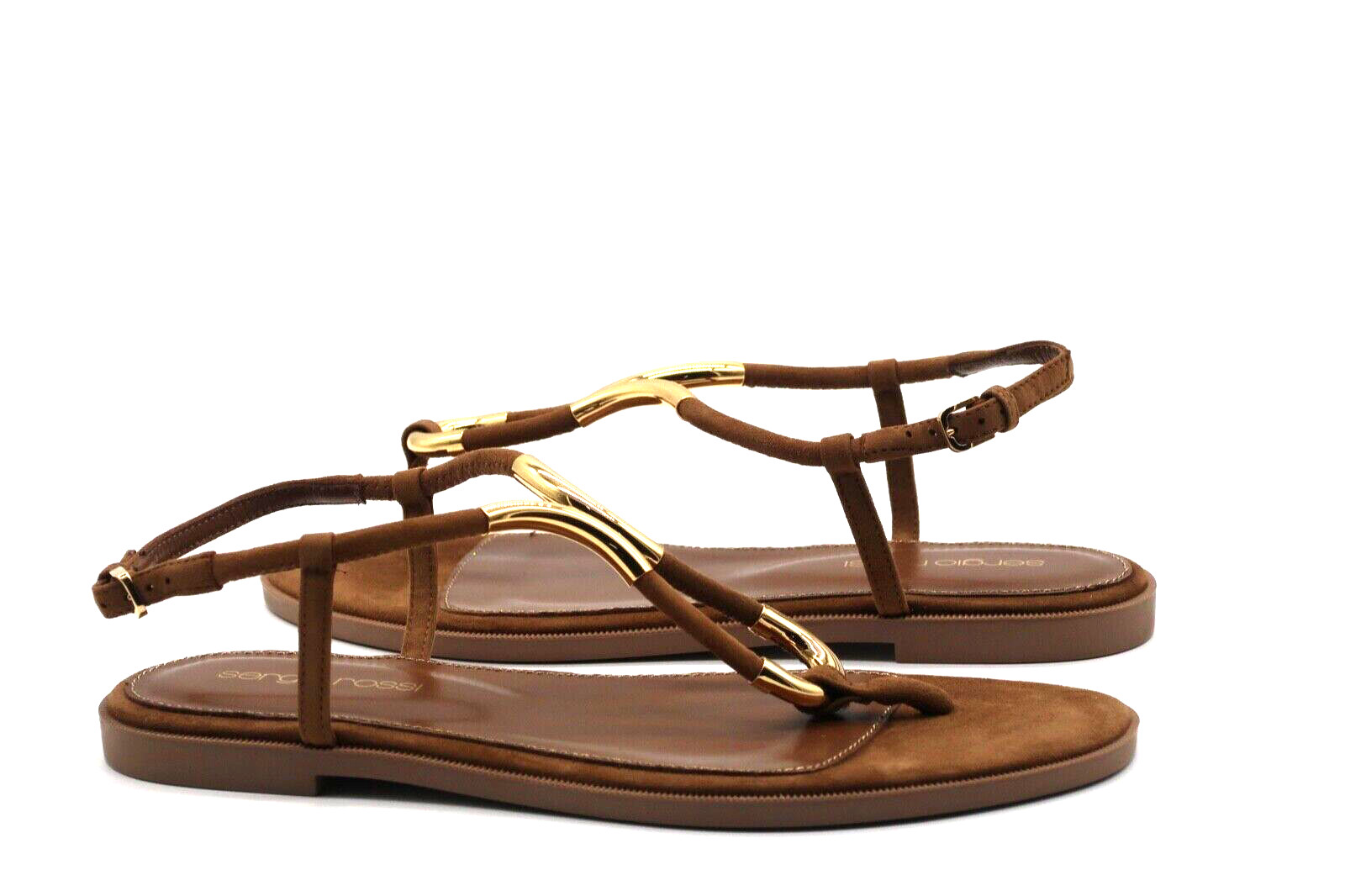 Sergio Rossi Tone Thong Suede Twist Gold Brown Sandals US 6 IT 36 Brand New $595