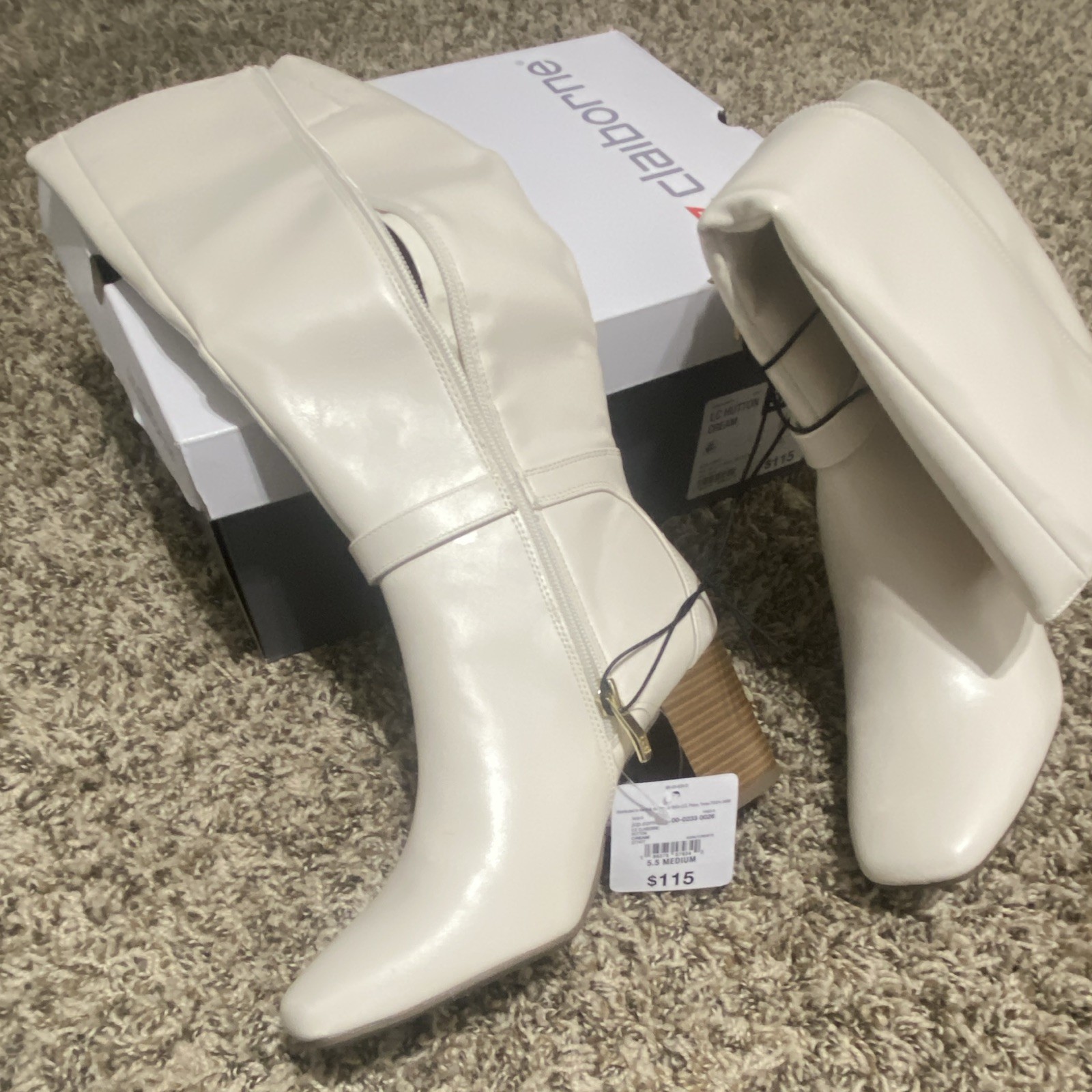 Liz Claiborne LC Hutton Cream Knee High Riding Boots Square Toe Zip Buckle 5.5M