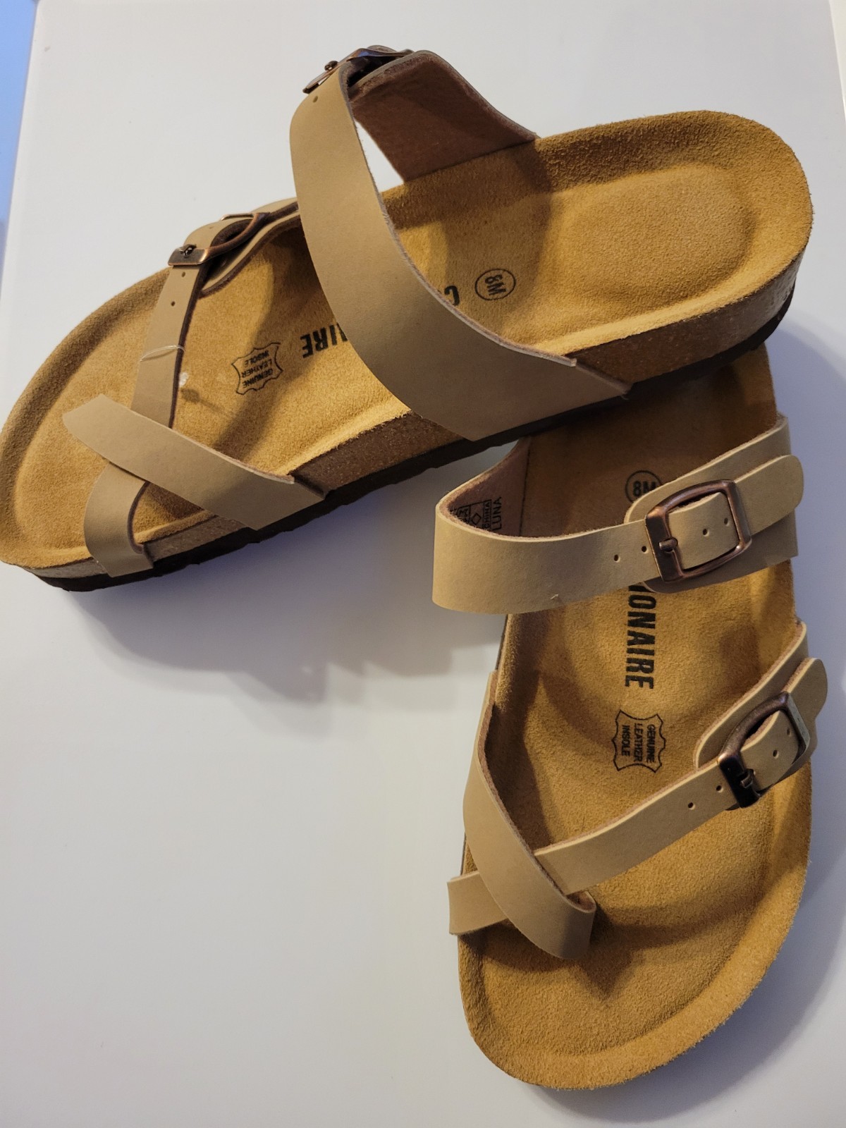 CUSHIONAIRE Women’s Beige Solid Leather Strappy Buckle Sandals Adjustable 8M