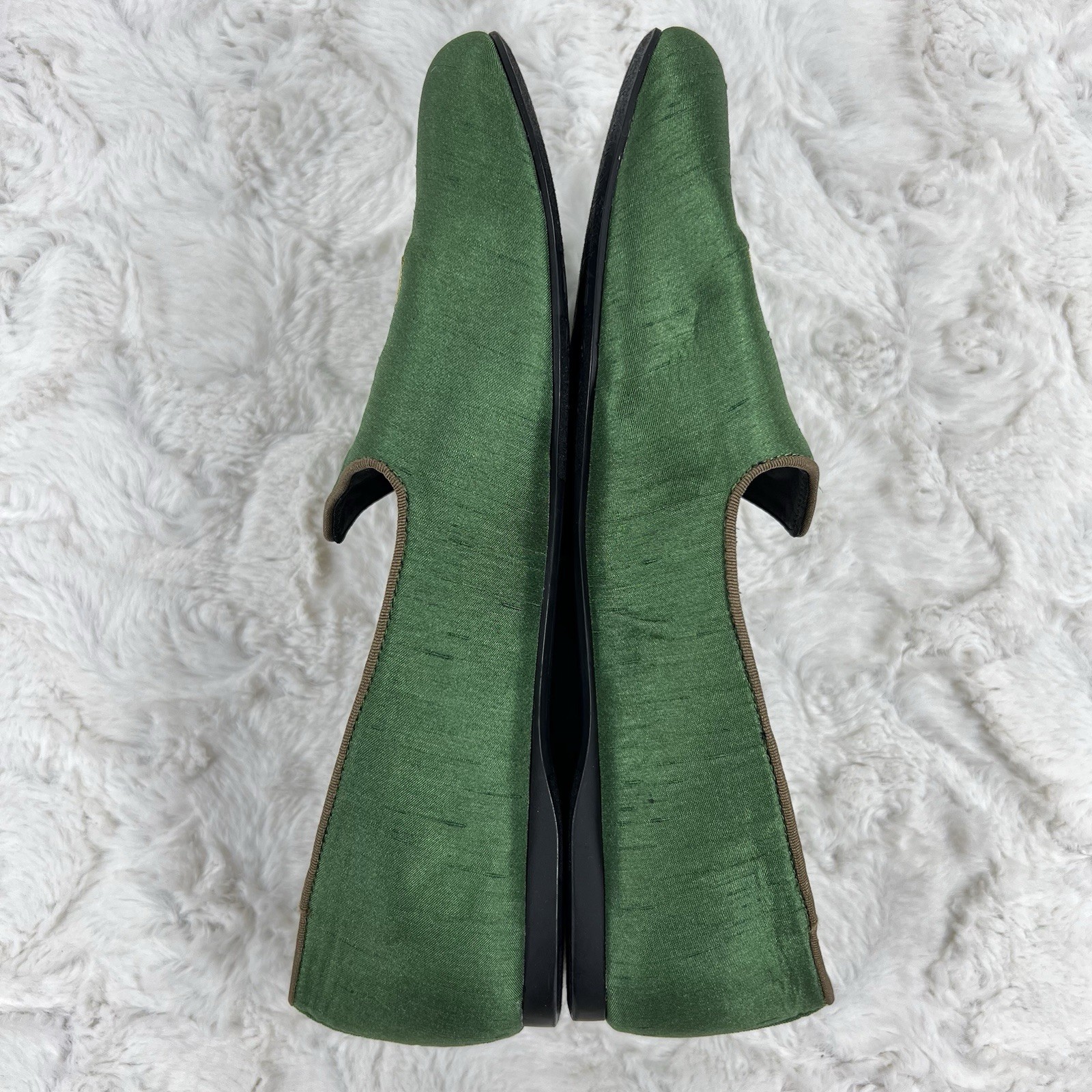 Birdies x Ken Fulk Leopard Satin Slipper Shoes Flats Women 9.5 Emerald Green Art