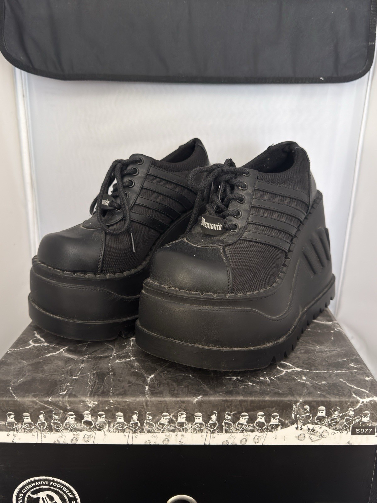 Demonia Stomp-08 Black Platform Shoes 90s Rave Cyber Goth Sneakers Size 6