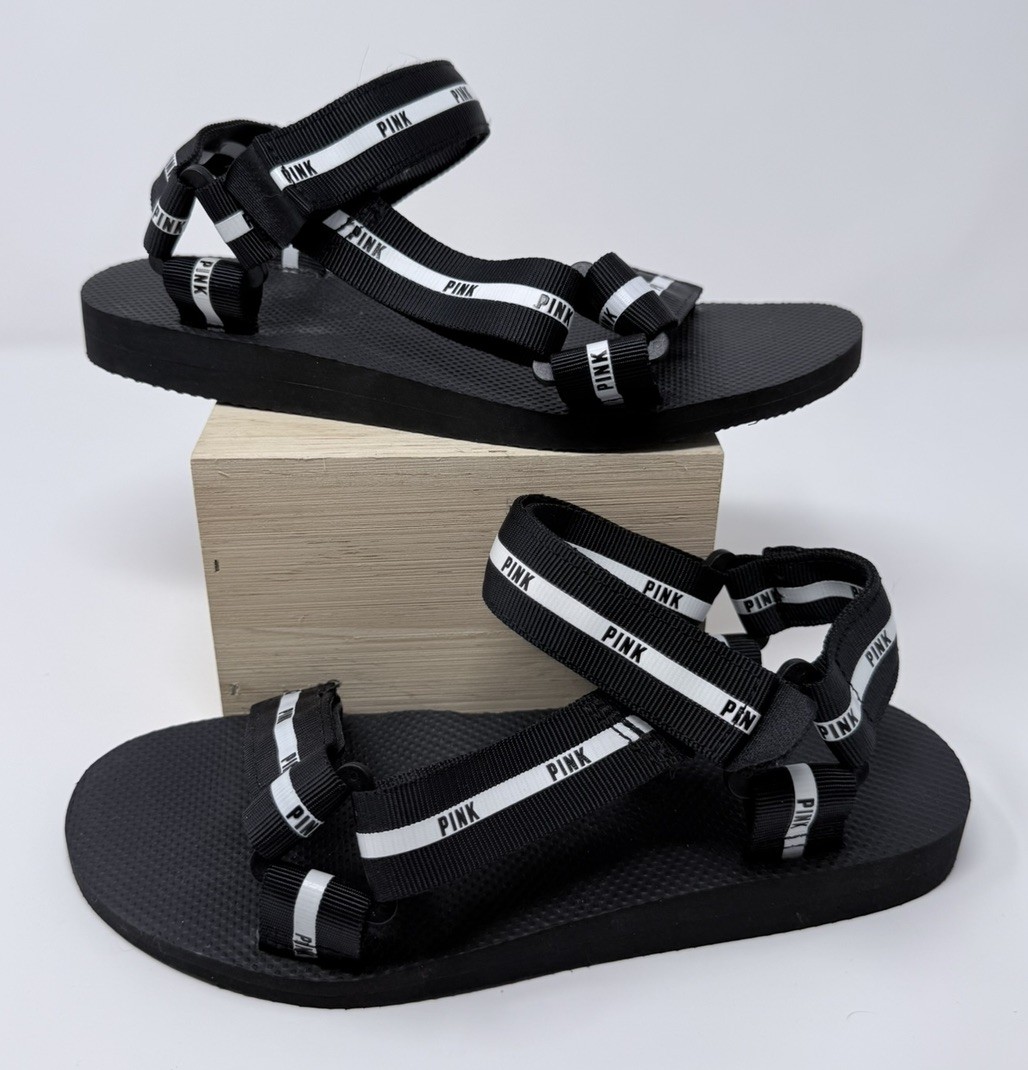 Victoria’s Secret PINK Black ADJUSTABLE STRAP SANDALS SPORT SLIDE SZ Sm 5-6