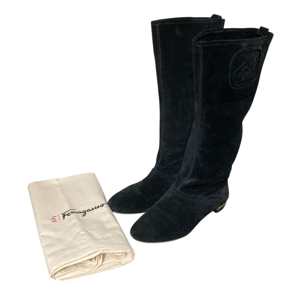 Salvatore Ferragamo embossed logo suede long boots, size 8, black. Women USED