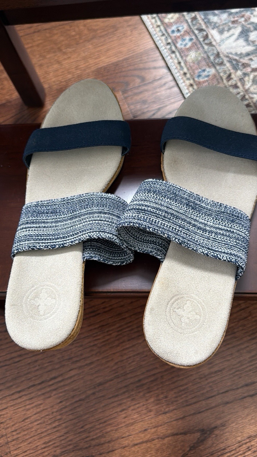 Charleston Shoe Company Cecilia Low Wedge Sandals Navy Heather Stretch Size 8