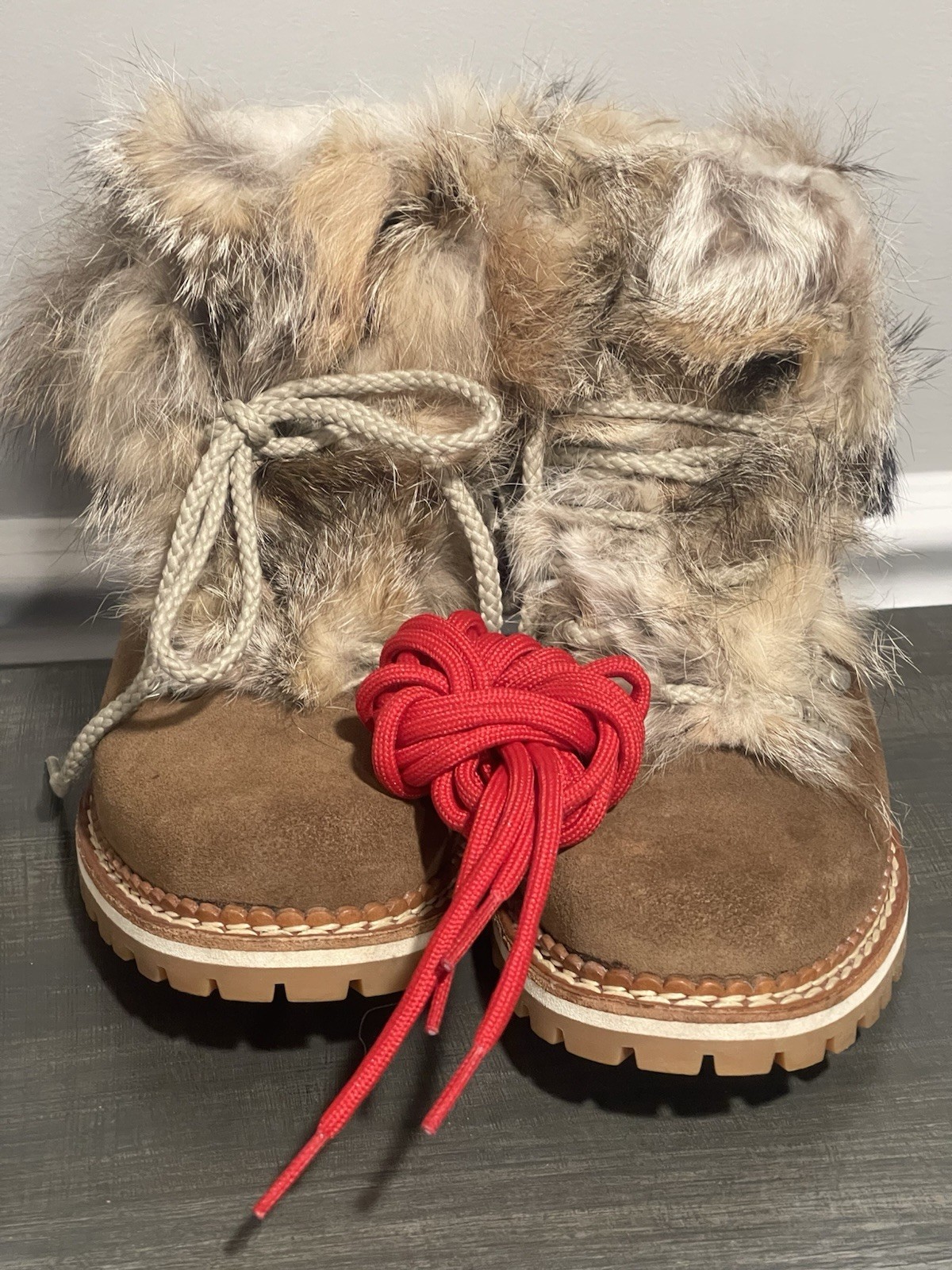 MONTELLIANA CAMELIA REAL FOX FUR SHEARLING HIKER BOOTS LT BROWN LEATHER 38.5 BOX