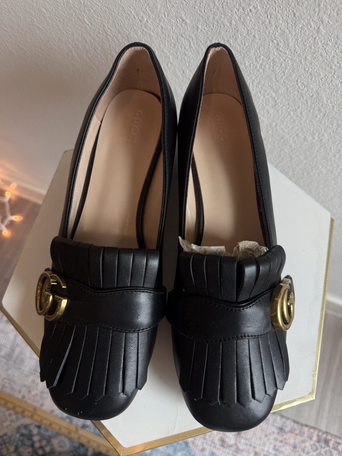 Gucci Black Leather Fringe Marmont Loafer Pumps Shoes Size 40 US 9.5