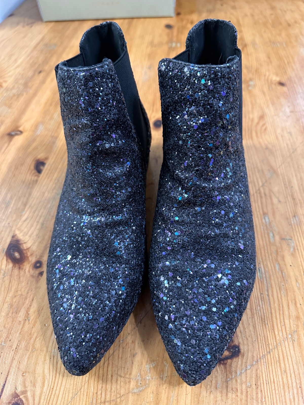 Topshop Chelsa Ankle Bootie Krazy Sequin Sparkly Glitter Pointy Black US 7