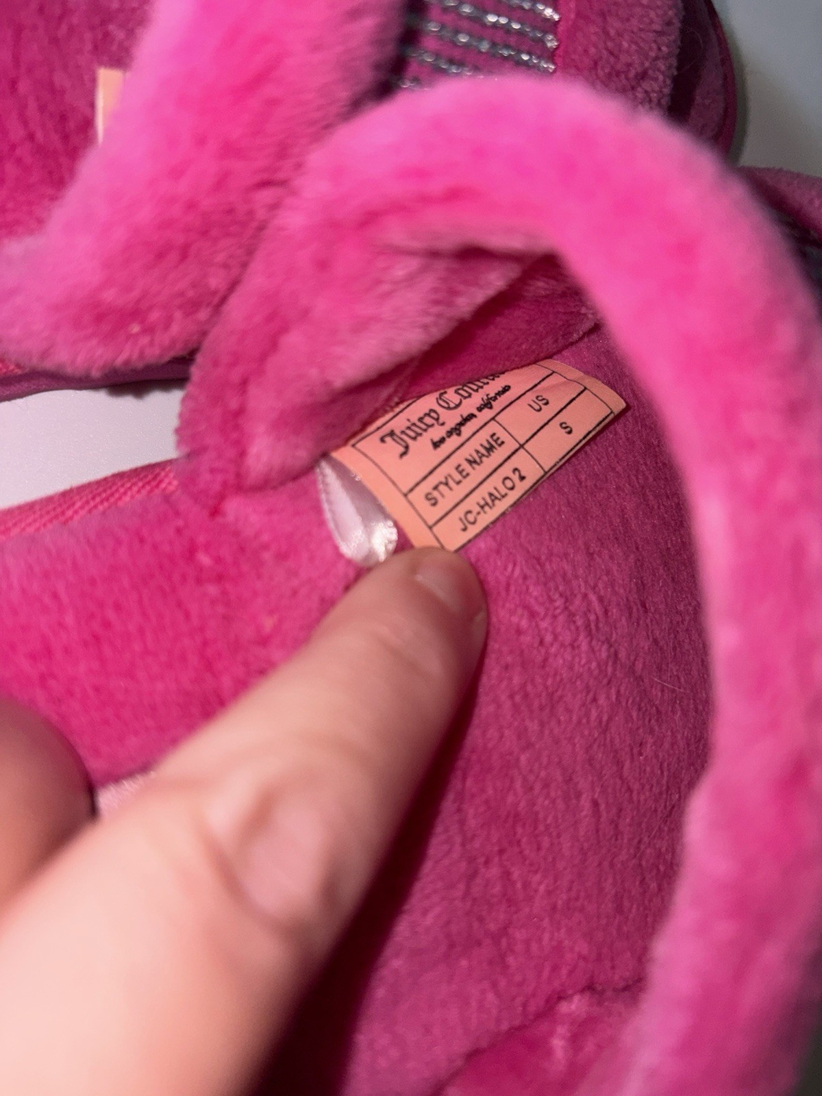 Juicy Couture, Slippers, y2k style fuzzy Hot Pink, Rhinestones, Size Small