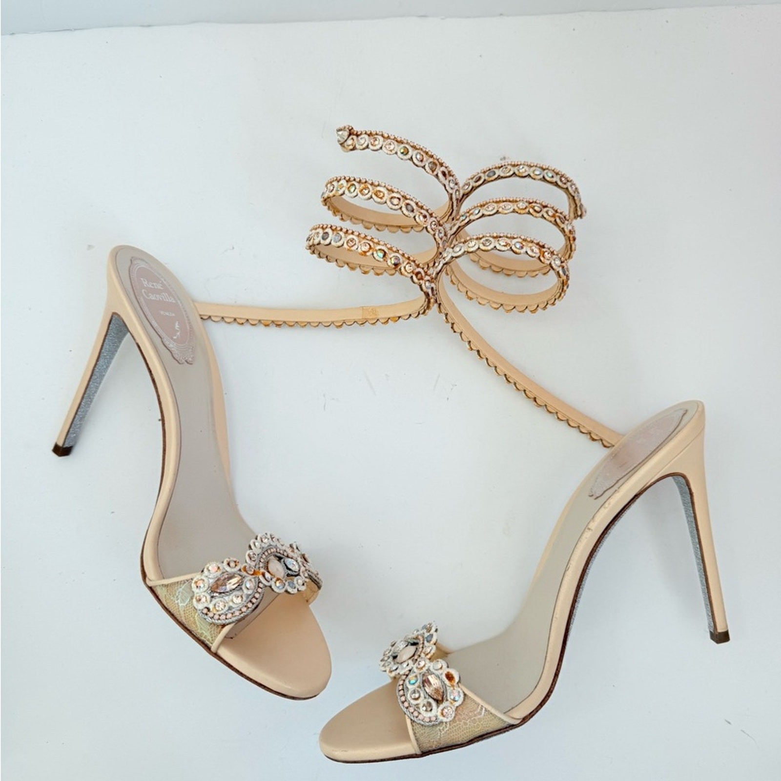 Rene Caovilla Beige Multicolor crystal embellished Wrap around ankle heels 39.5