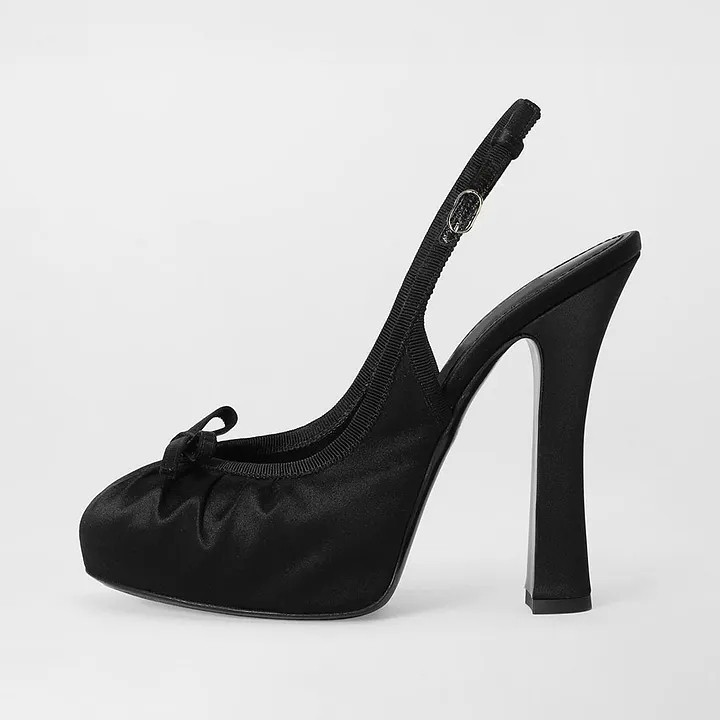 Black Satin Bow Decor Round Toe Pleated Platform Slingback Heels FSJ202504078A-3